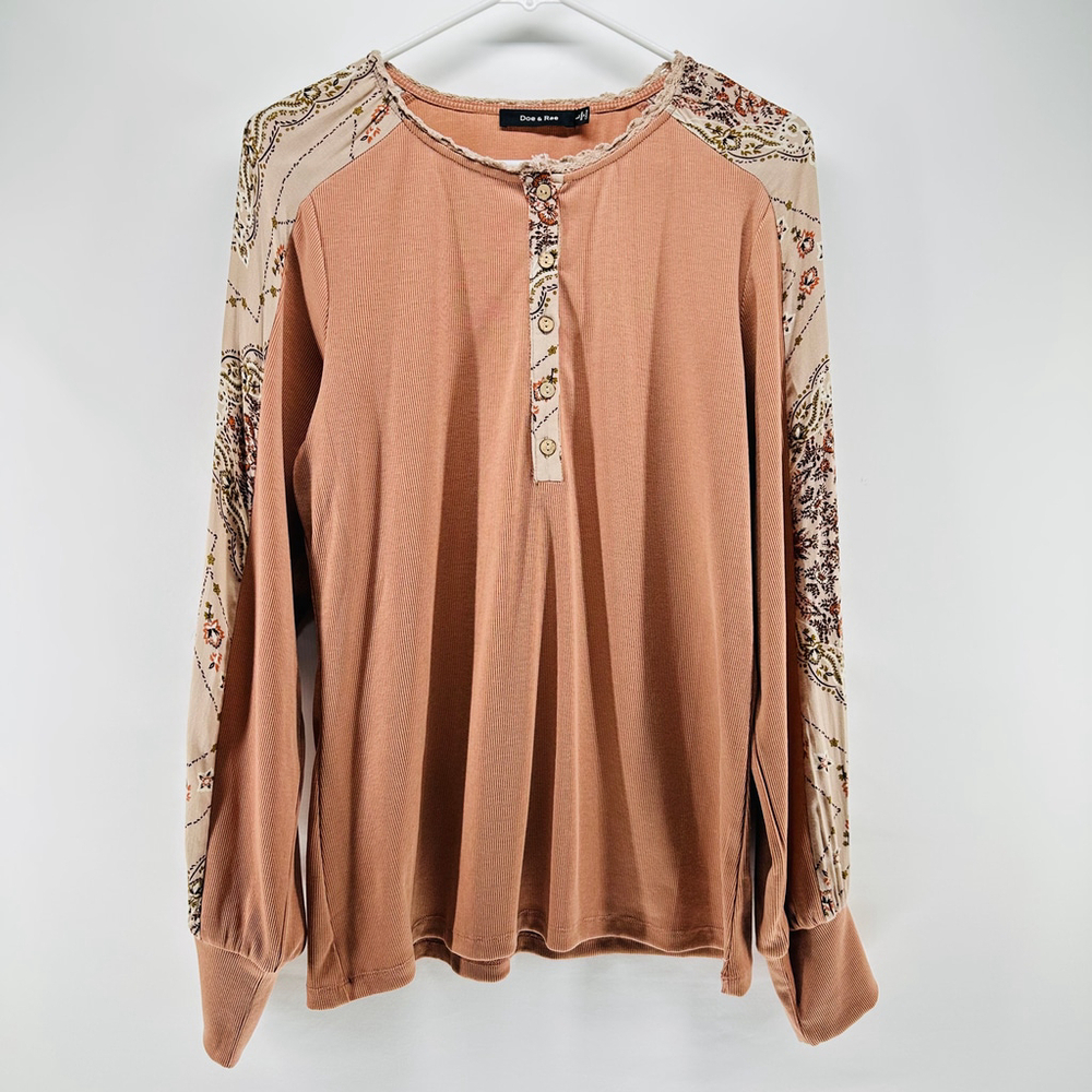 DOE & RAE Rosy Taupe HENLEY TOP Long Sleeve Boho WOMENS L Peach Beige Boutique
